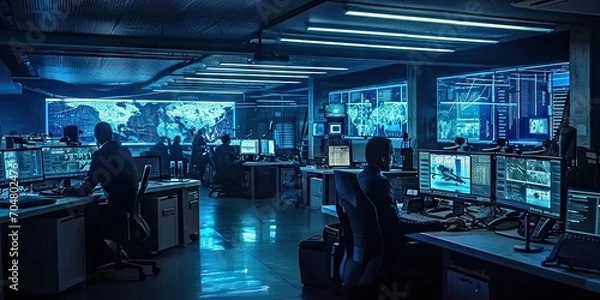 Fototapeta Innovative command hub. Futuristic technology center with holographic screens by corporate professionals creating vision of future workspace ideal for depicting information management and control