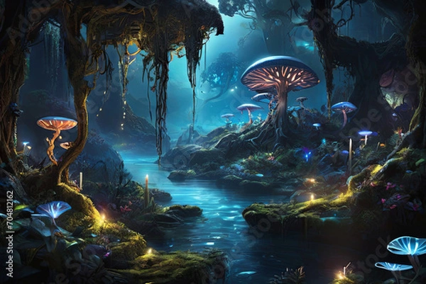Fototapeta Enchanting Pandora night. Bioluminescent forest with glowing plants, creatures, woodsprites. Serene scene evoking an otherworldly landscape.