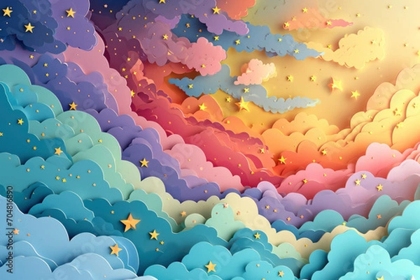 Obraz Kawaii Fantasy Pastel Colorful Sky with Clouds and Stars Background in a paper cut