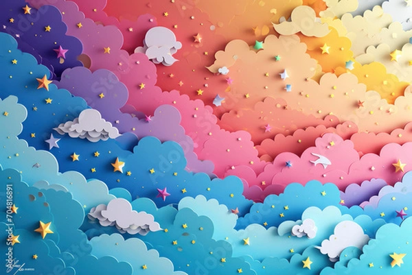 Obraz Kawaii Fantasy Pastel Colorful Sky with Clouds and Stars Background in a paper cut