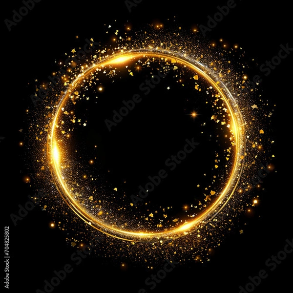 Obraz Gold glitter circle of light shine sparkles and golden spark particles in circle frame on black background, ai technology