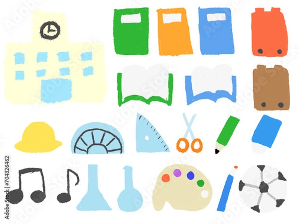 Obraz 子どもがクレヨンで描いたような小学校の手書き風イラストセット