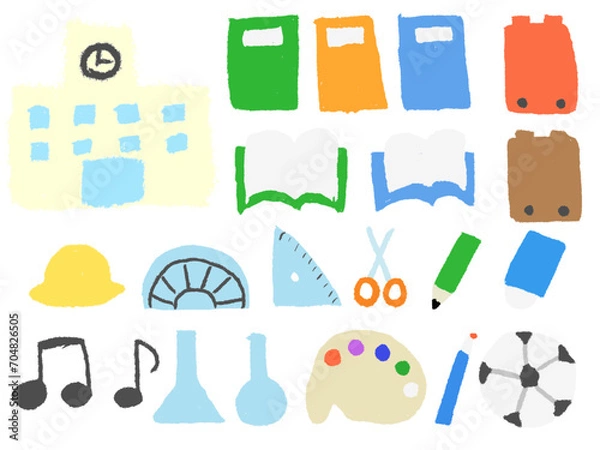 Obraz 子どもがクレヨンで描いたような小学校の手書き風イラストセット（ベクター版）