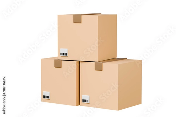 Fototapeta 3D pile of stacked cardboard parcel or delivery box icon. Template of shopping packages for good isolated on orange background. Fast delivery, shopping, logistic concept. Minimal Cartoon.3D Rendering