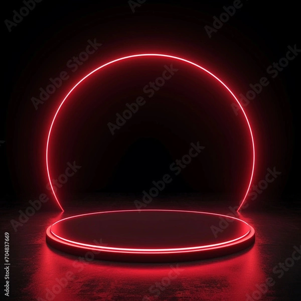 Obraz Modern circular red neon light stage with halo illumination, ai technology