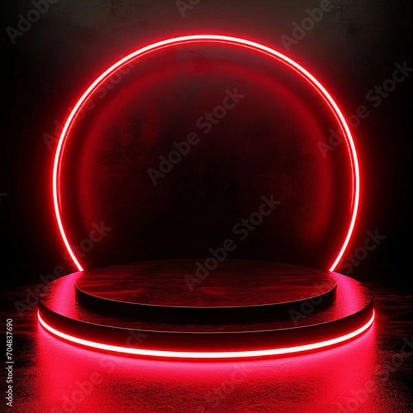 Obraz Modern circular red neon light stage with halo illumination, ai technology