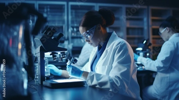 Fototapeta An African-American female microbiologist studies the evolution of vaccines, drug analyses using a microscope, and high technology in a modern laboratory.