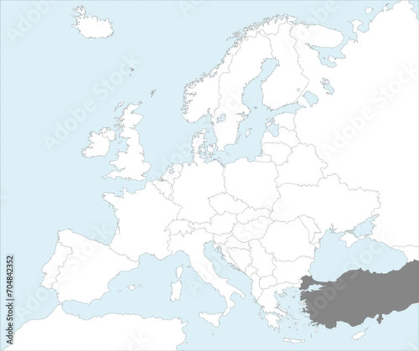 Fototapeta Gray CMYK national map of TURKEY/TURKIYE inside detailed white blank political map of European continent on blue background using Mollweide projection