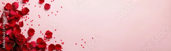 Fototapeta Frame made of rose flowers, confetti on pink background. Valentine's Day background.