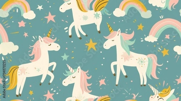 Fototapeta  a group of unicorns with stars and rainbows on a blue background with clouds and stars in the sky.