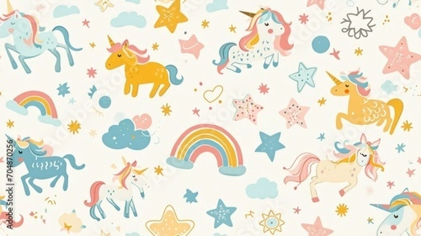 Fototapeta  a pattern of unicorns, stars, and rainbows on a white background with blue, pink, yellow, and orange colors.