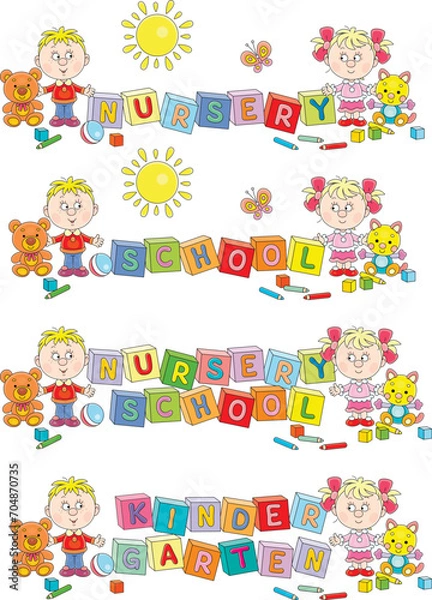 Fototapeta Funny design of posters for a nursery school with happy little kids, their toys and colorful blocks, vector cartoon illustration isolated on a white background