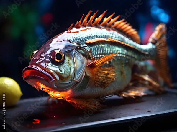 Obraz fish in a restraunt behind neon light , fish in a plate , grilled fish with lemon