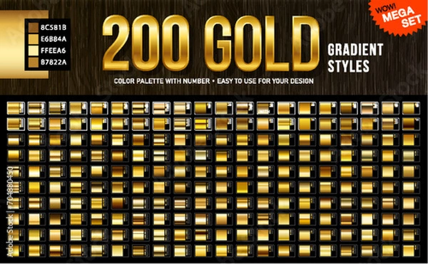 Obraz Collection from 200 vector gold gradients with color codes, Clean golden glossy materials. Set of golden colors for design, collection of high quality gradients. EPS10
