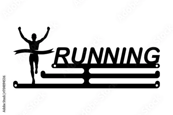 Obraz Medal holder running man. Template for making a medal box. Template for laser cutting, wood carving. A place to store runner awards. Vector illustration flat design. Isolated on white background.
