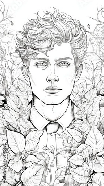 Fototapeta attractive boy. Coloring page for adult, white background. Generative AI	