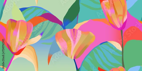 Obraz Modern abstract exotic flowers pattern. Juicy colors botanical contemporary seamless pattern. Hand drawn unique print.
