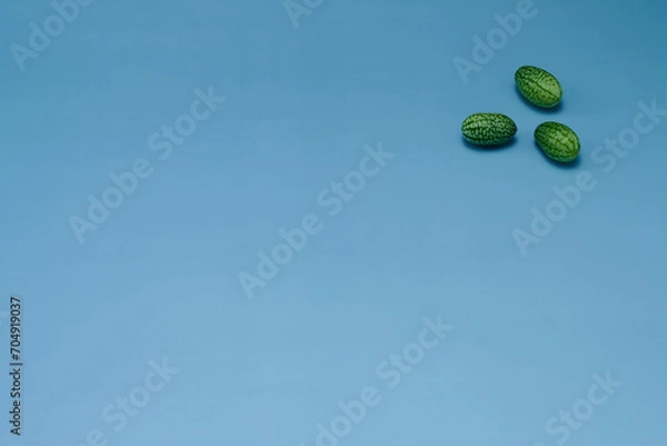 Obraz マイクロきゅうりを数粒右上に配置した青色系背景あり俯瞰撮影