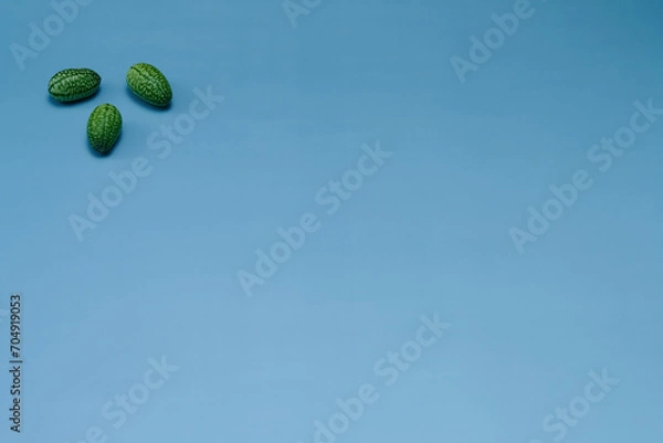 Obraz マイクロきゅうりを数粒左上に配置した青色系背景あり俯瞰撮影