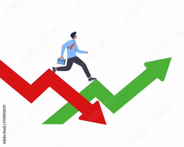 Fototapeta Economic recover from crisis stock market Businessman jump from red pointing down arrow to green rising up.