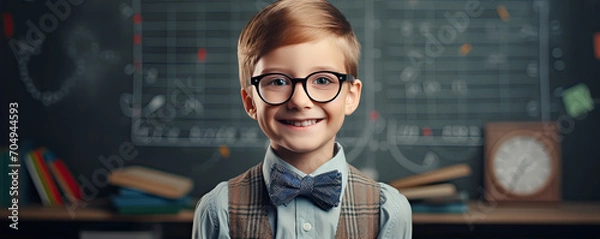 Fototapeta Cute happy school boy in front of blackboard in school class. copy space for your text.
