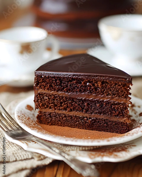 Fototapeta Piece of Chocolate cake (Sacher torte) erved on the table in restaurant., Gastronomy design concept