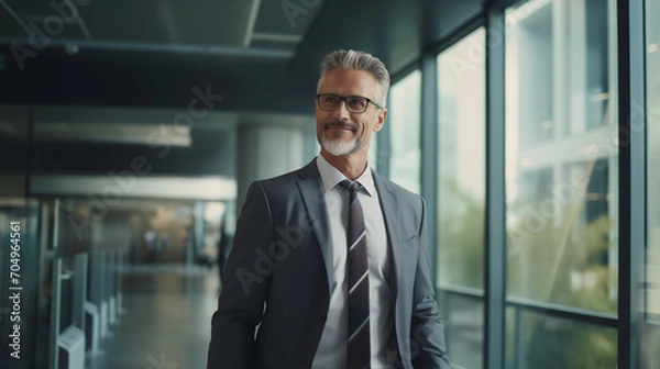 Obraz A grey-haired mature businessman in a stylish suit and designer glasses projects an image of seasoned leadership in the office. The embodiment of experienced and sophisticated corporate leadership