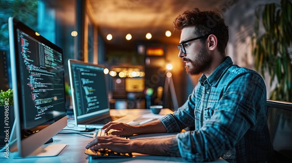 Fototapeta A middle-aged programmer with experience sits at a computer and does coding.