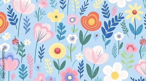 Fototapeta Adorable seamless pattern background with a bright hand-drawn rainbow, flower, and natural components.
