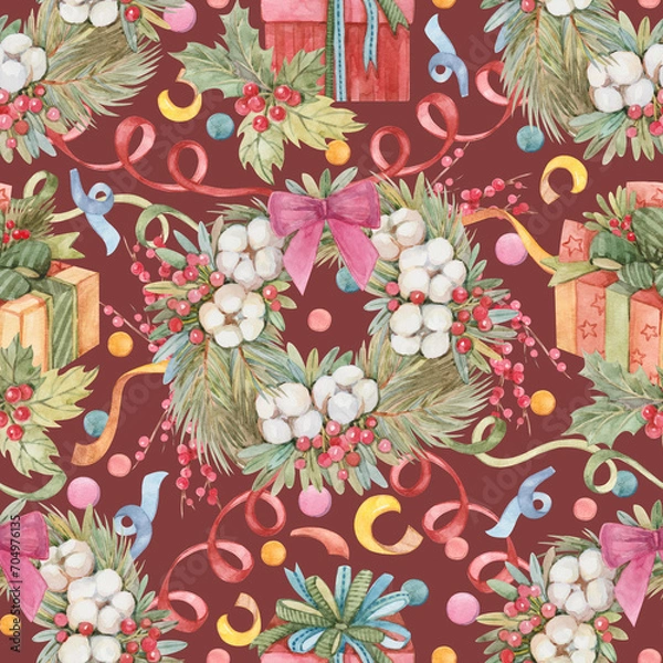 Fototapeta New Year Christmas seamless pattern with Christmas wreath, confetti, gifts, mistletoe drawn in watercolor on a burgundy background. Festive print for wrapping paper, textiles, wallpaper, stationery.