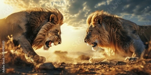 Obraz two lions fighting in the desert with stormy sky and sun