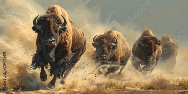 Fototapeta several bison running on the desert, mist