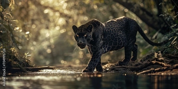 Obraz a black spotted panther is walking along the river, mysterious jungle