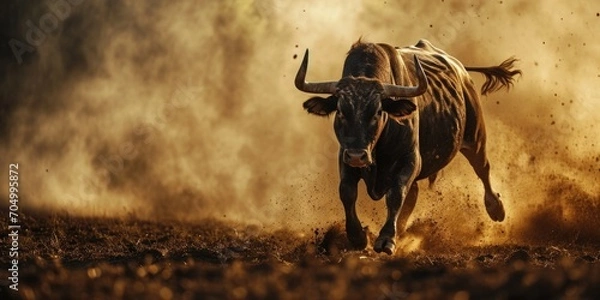 Obraz bull with wide black horns running