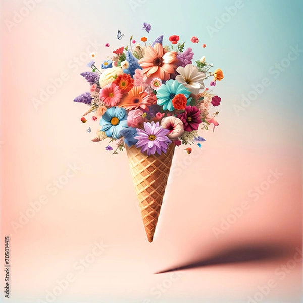 Obraz Colorful flowers in ice cream cone levitate in the air against pastel background. Creative flowers design. Spring, summer idea. Valentine's day, suprise, gift.