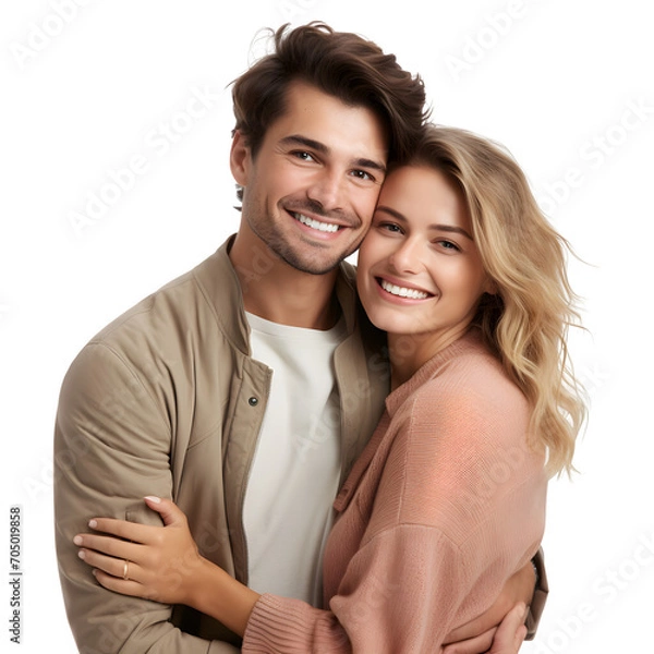 Fototapeta Happy young  couple hugging cute, smiling  love and care in studio, isolated on transparent background Generative AI	