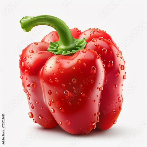 Fototapeta Red Pepper with Green Stem in Water Drops on White Background