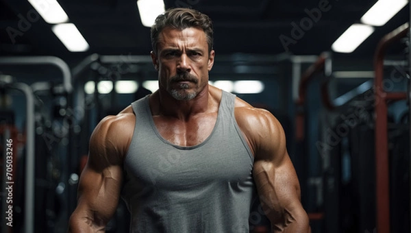 Fototapeta Athletic bodybuilder fitness model posing after exercises. Generative Ai
