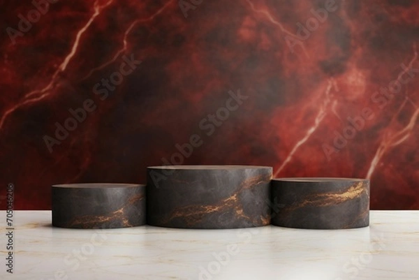 Fototapeta 赤い背景に黒と金色のマーブルの三本の円柱の展示台がある抽象テンプレート
