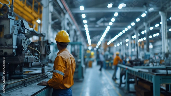 Fototapeta machinery in an assembly line at an industrial facility, in the style of bokeh panorama, dramatic atmospheric perspective, back button focus, oversized objects, dark yellow and light indigo, distresse