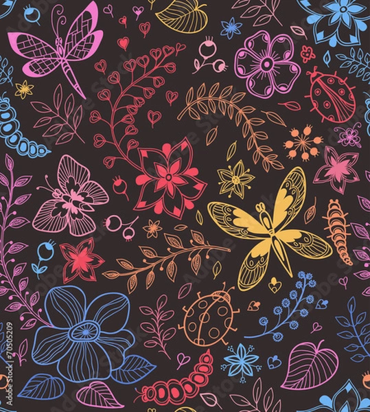 Fototapeta Seamless texture with flowers and butterflies