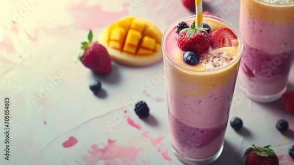 Obraz Fresh fruits and berries smoothie in a glass with free place for text. Healthy food concept background, banner