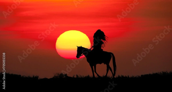 Obraz silhouette of indians man riding a horse on sunset background
