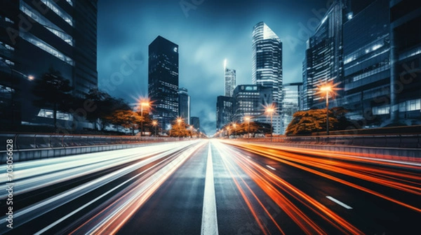 Fototapeta Long exposure photo of a night road in a metropolis. Nighttime atmospheric light from cars. Generative AI