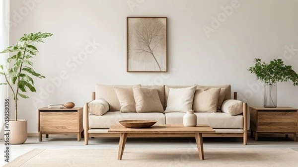 Fototapeta Modern Minimalist Living Space: Beautiful room idea, minimalist design, neutral color scheme, sleek furniture, cozy textures