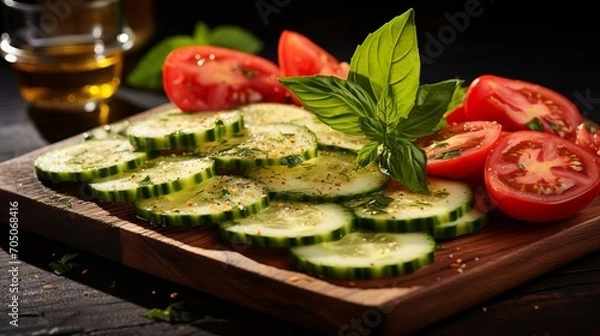 Fototapeta Sliced zucchini and cherry tomatoes on a wooden kitchen board, soft diffused light, f 5.6 macro lens