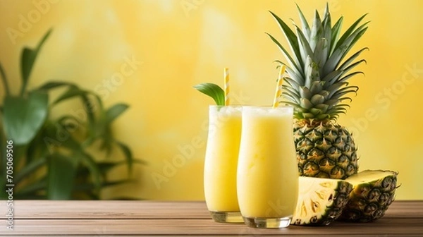 Fototapeta Refreshing pineapple juice in glass on wooden table, isolated on soft yellow background
