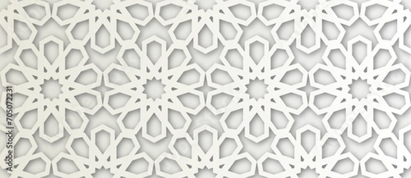 Obraz Islamic Ornament Vector. White soft grey background. Light shadow 3d ramadan eid arabic geometric pattern elements motif.