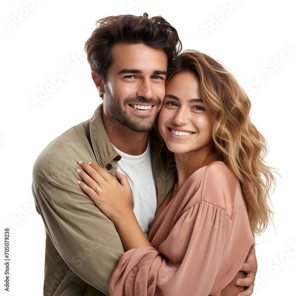 Fototapeta Happy young  couple hugging cute, smiling  love and care in studio, isolated on transparent background Generative AI	