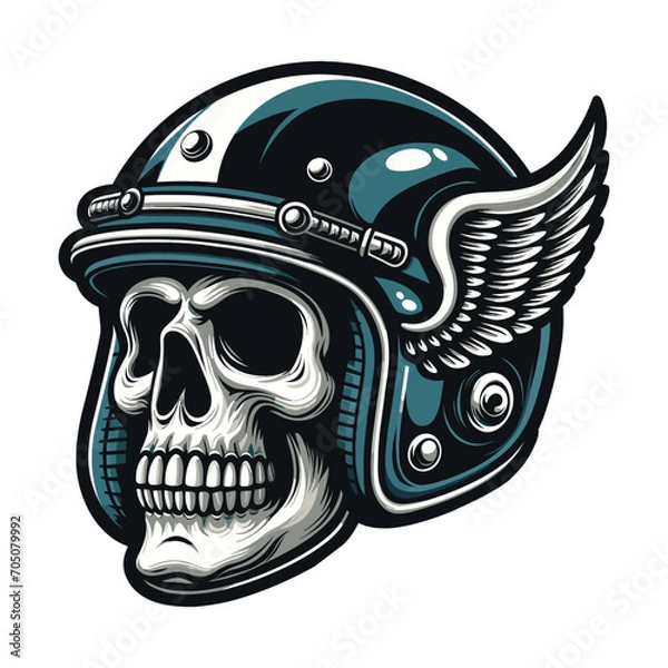 Fototapeta Retro vintage biker racer skull in helmet design vector template illustration. t-shirt design, logo mascot emblem isolated on white background